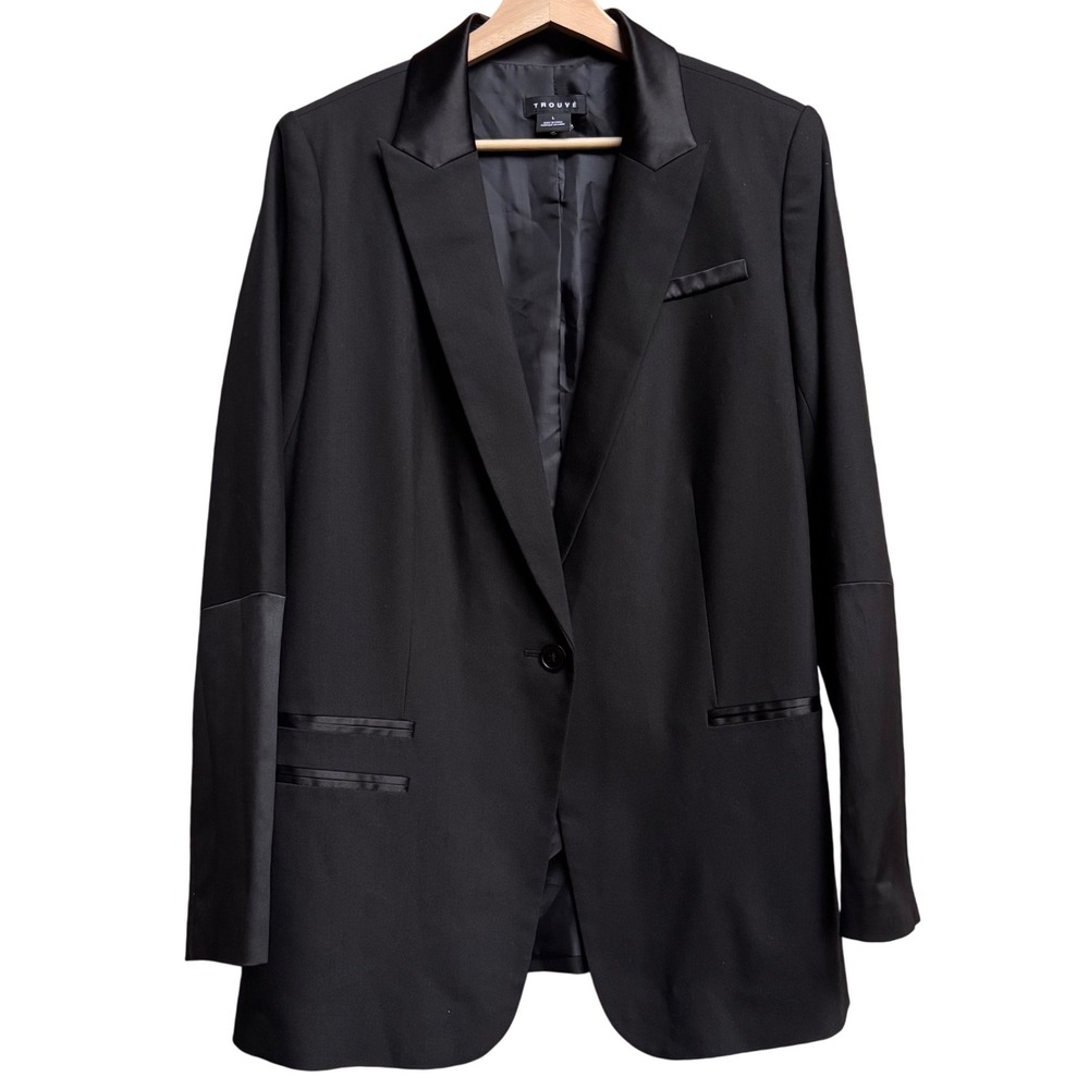 TROUVE Womens Black Tuxedo Blazer Jacket Satin Lapel One Button Sz L - Picture 2 of 8
